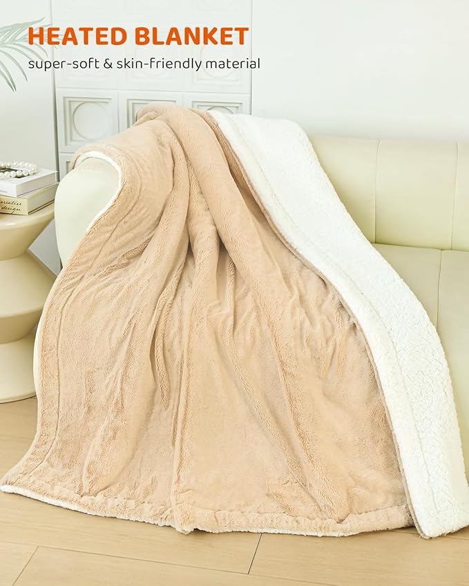 Electric Heated Blanket Throw Size, Faux Fur Throw Blanket, Super Soft Cozy Heating Blanket with 9 Heating Levels & 1-9 Hours Auto Off, Fast Heat & Overheat Protection, 50" x 60", Beige