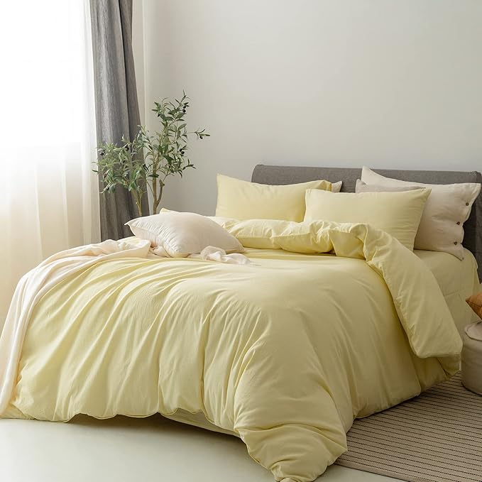 FOSSA Duvet Cover Set 100% Washed Cotton Linen Feel Super Soft Breathable Cozy 3 Pieces Bedding Sets Solid Pastel Yellow Oversized King
