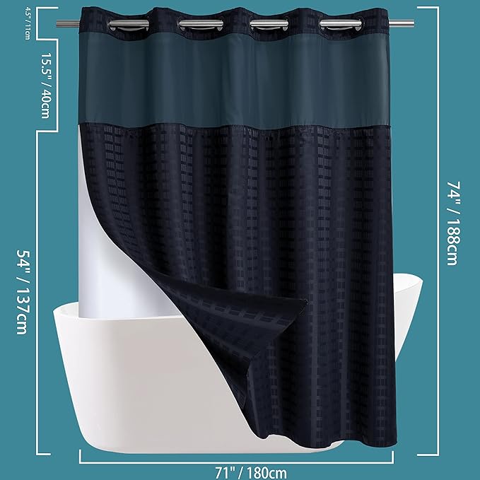 Conbo Mio No Hook Shower Curtain with Snap in Liner Set, Hotel Luxury Black Shower Curtains for Bathroom with See Through Top Window, Waterproof, Washable 71W x 74H