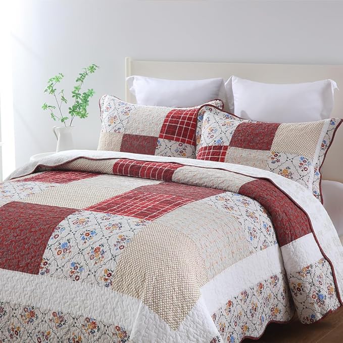 Cotton Bedspread Quilt Bedding Sets 3 Pieces Reversible Coverlet Sets Comforters Vintage Red White Rose Floral Patchwork Bedspread, King Size