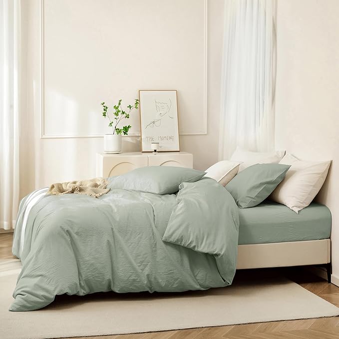 JIYUAN 100% Washed Cotton Duvet Cover Set 3 Pieces Super King, 1 Duvet Cover 108x98 Inches(Comforter Not Included) and 2 Pillowcases,Linen Feel Bedding Set Comfy and Breathable, Heathered Sage Green