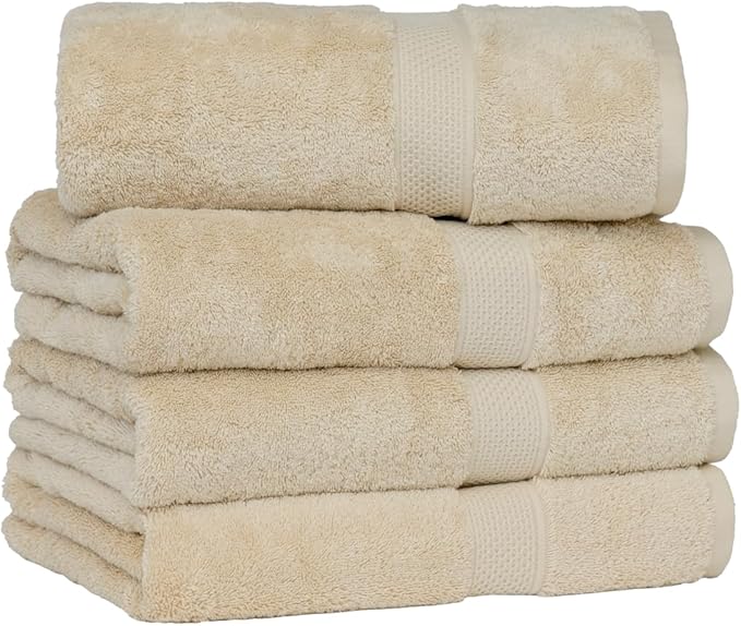 [Japan Technology], Plush Light-Weight Towel, Bath Towel (30x54 inches), 520GSM, Beige, Pack of 4, Quick Dry, High Absorbency, 100% Cotton