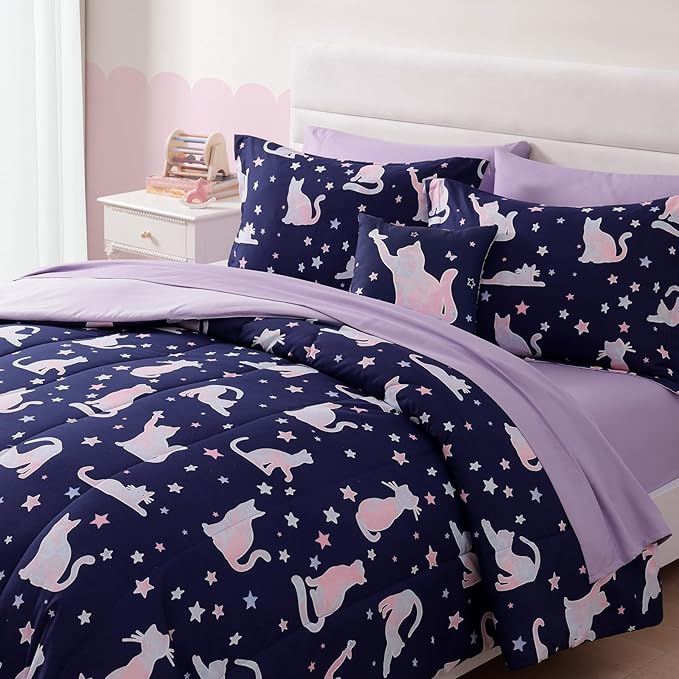 Twin Comforter Set for Girls-5 Pieces Cute Cat Twin Bedding Sets for Kids, Ultra Soft Bed in A Bag with Sheets