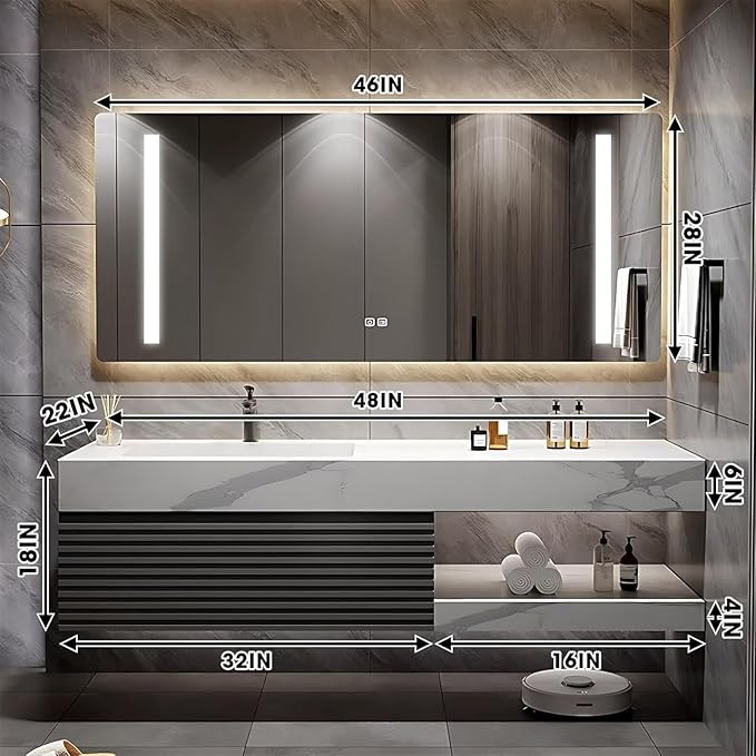Bathroom Vanity 48 inch, Single Sink Floating Vanity Set Includes Anti-Fog LED Mirror Cabinet, Slate Countertop and Wall-Mount Sink Cabinet, Modern Bathroom Vanities(Greyish Black)