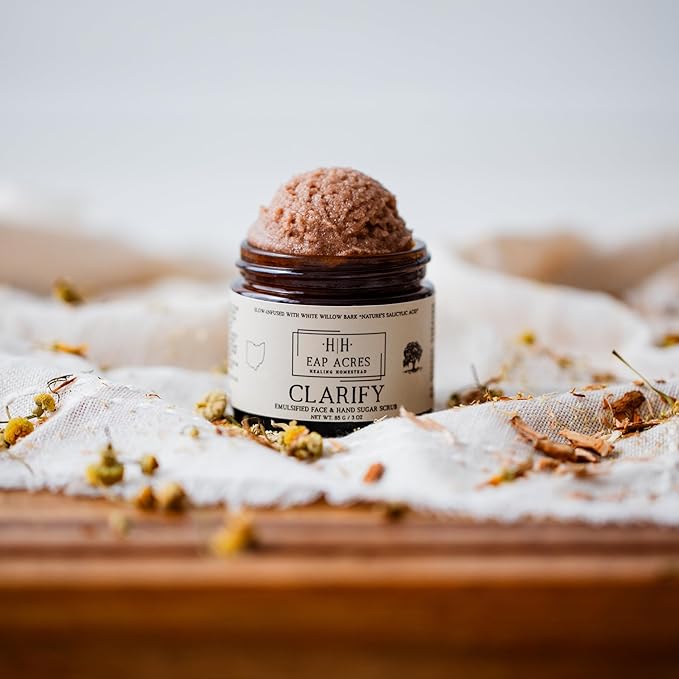 Emulsified Face Sugar Scrub, Organic squalane oil/Castor oil: Chamomile & White Willow Bark, Rhassoul Clay, Kokum Butter, Manuka Honey-Gentle exfoliant: Dry/Sensitive/Acne-Prone (CLARIFY)