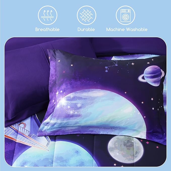 Kids Comforter Set Twin Size for Boys, Rocket Bedding Sets, 3 Pieces Bed in A Bag with 1 Comforter, 1 Decor Pillow, 1 Pillow Sham