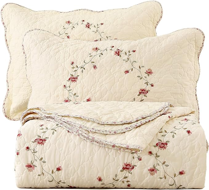 vctops 3-Piece Floral Embroidered Bedspread Coverlet Set Twin Size 100% Cotton Reversible Patchwork 1 Quilt and 2 Pillow Shams (Flower,Twin)