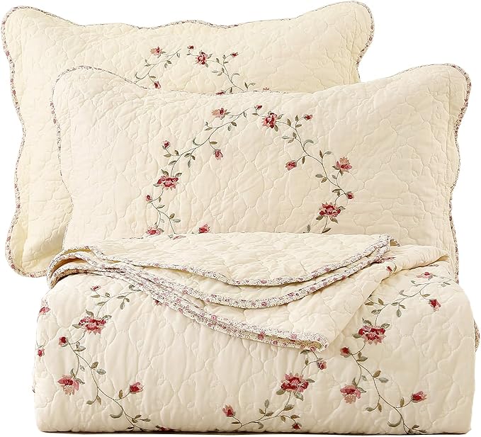 vctops 3-Piece Floral Embroidered Bedspread Coverlet Set 100% Cotton Reversible Patchwork 1 Quilt and 2 Pillow Shams Full/Queen, Flower
