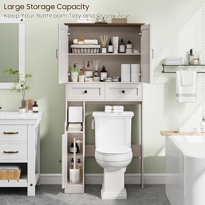 Over The Toilet Storage Cabinet, Storage Cabinet Over Toilet with Double Doors & Toilet Paper Holder Stand, Freestanding Toilet Shelf Space Saver with Anti-Tip Design & Adjustable Shelf, White