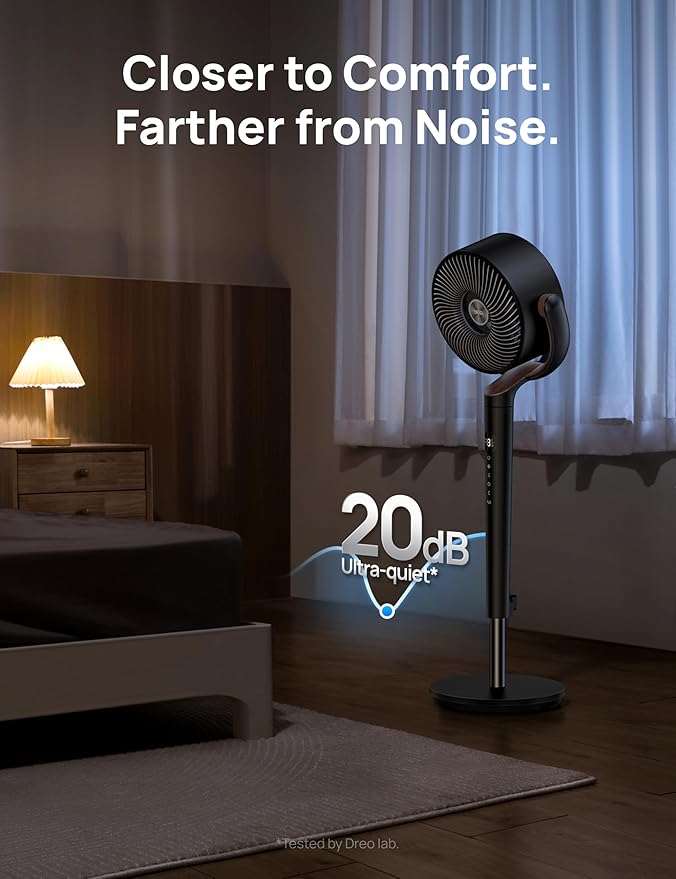 Dreo Fan for Bedroom, 120°+120°Omni-directional Oscillating Fan, DC Motor, 20 dB Quiet Standing Pedestal Fans, 90ft, 8 Speeds, 3 Modes Circulator with Remote, 35-40"Adjustable Height, 8H Timer, Black