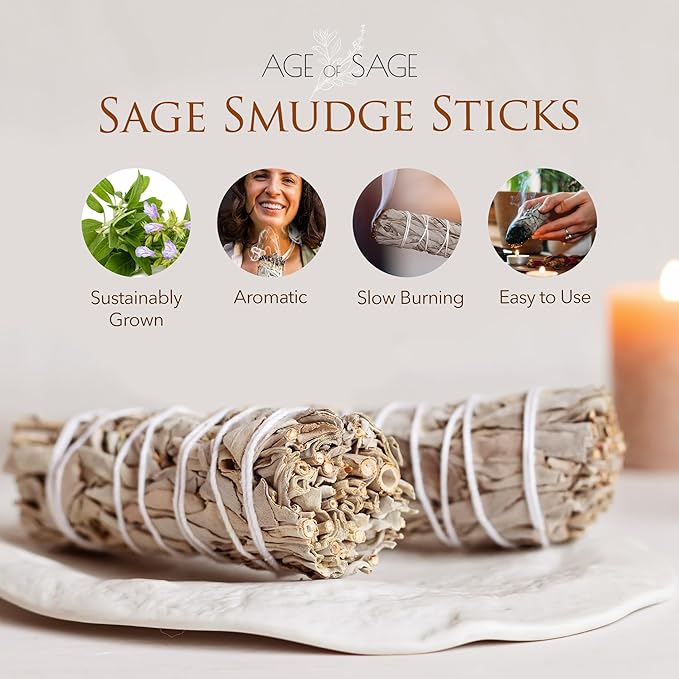 White Sage Smudge Sticks 4" Long - Stress Relief Dried Sage Incense Sticks - Burning Sage Sticks Bundle for Cleansing House Negative Energy - Hand Wrapped White Sage Incense Sticks - 6pk