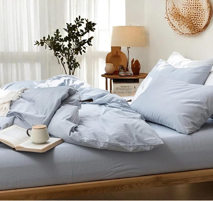 FOSSA Duvet Cover Set 100% Washed Cotton Linen Feel Super Soft Breathable Cozy 3 Pieces Bedding Sets Solid Cornflower Blue Full