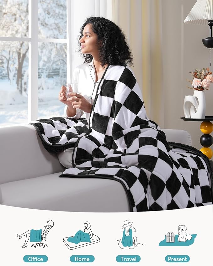 Cottonblue Weighted Blanket for Adults Queen Size 15lbs, Soft Sherpa Flannel Checkered Weighted Blankets, Fluffy Fuzzy Fleece Bed Heavy Blankets for Calming and Relax, Plaid Black, 60" x 80"