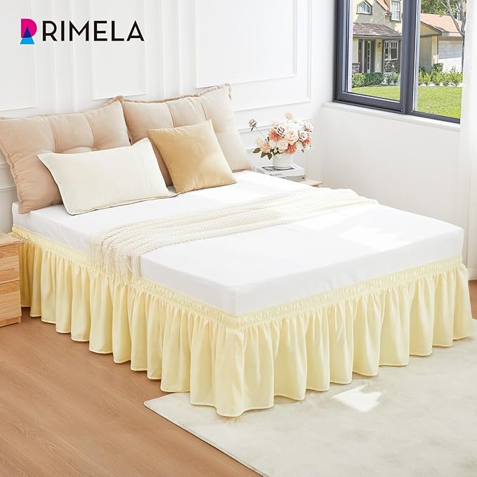 RIMELA Beige Yellow Bed Skirt Twin Size 15 Inch Drop, Elastic Bed Skirting for Bed Base and Frame, Bedding Dust Ruffle Easy to Install, Lightweight Wrap Around Adjustable Bedskirt