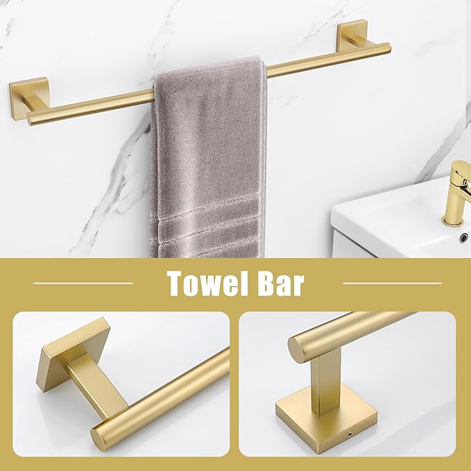TNOMS Gold Towel Bar Set 5-Piece Brushed Gold Bathroom Hardware Accessories Set Include 23.6in Towel Bar Toilet Paper Holder Towel Ring Towel Hooks,Stainless Steel Towel Holder Set Wall-Mounted