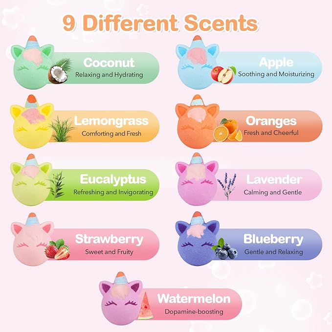 SHUCHING 9 XXL Unicorn Bath Bombs with Surprise Inside, Natural and Organic Bubble Bath Fizzy Balls for Kids, Birthday Christmas Gifts Set for Girls