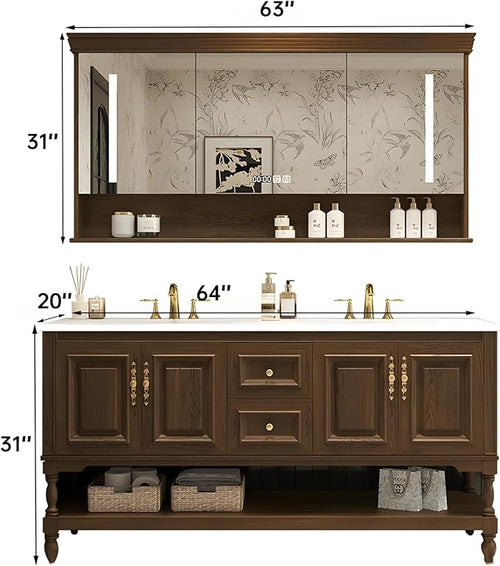 64" Double Bathroom Vanity with Sink,Freestanding Bathroom Vanity Large Storage Cabinet & Open Mirror Cabinet,4 Soft Closing Doors and 2 Drawers Solid Wood Luxury Bathroom Vanities Set,Brown