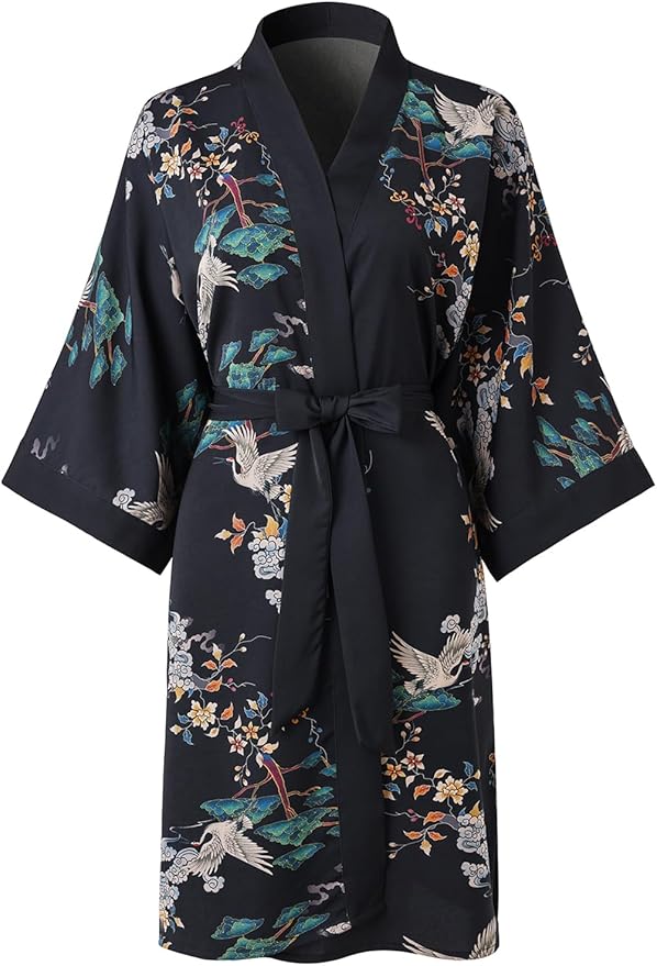 Ledamon Women's Kimono Short Robe for Women - Pocket Floral Bathrobe Nightgown