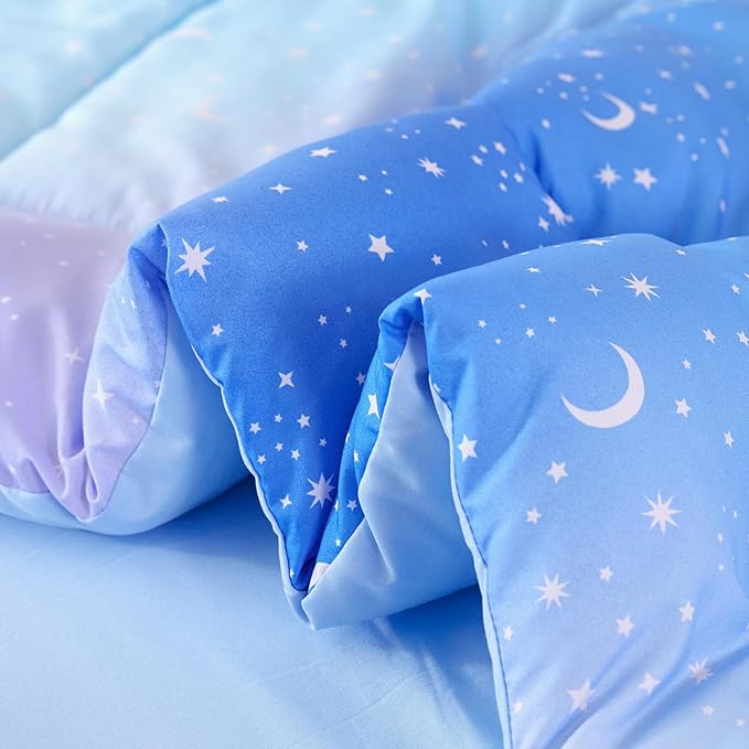 URBONUR 6Pcs Gradient Glitter Comforter Set for Girls Twin Size Blue Galaxy Kids Bedding Set for Boys Comforter Sets Soft Bed in A Bag Twin (Ombre Blue)