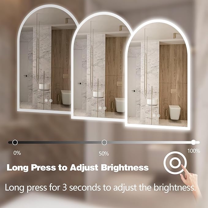 Niccy Arched LED Bathroom Mirror, 48"x30" Arch Frameless Frontlit & Backlit Mirrors for Wall, Arched Lighted Vanity Mirrors with Memory Function for Bathroom Bedroom, Defogger 3 Color, Explosion-Proof
