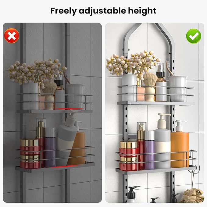 Shower Caddy Hanging (Silver), Adjustable Anti-Swing-Over The Shower Head Caddy, 4 Tier Height Bathroom Storage Organizer Bathroom Shelves Basket Rack Shower Caddies (4Tier)