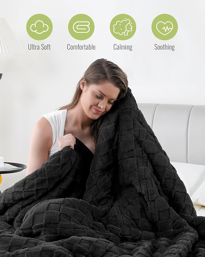 Uttermara Sherpa Fleece Weighted Blanket Full Size(15lbs, 48" x 72", Black), 3D Jacquard Checkered Warm Sherpa Heavy Blanket for Adults, Soft Fuzzy Weighted Blankets for Couch Bed Sofa