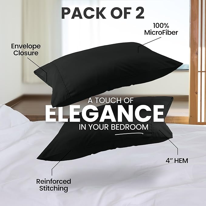 Pillow Covers by Utopia Bedding - Standard Size 2-Pack – Soft Brushed Microfiber – Perfect for Hospitals, Hotels, Guest Rooms – Oeko-TEX Certified, 20x26 Inches (Black)