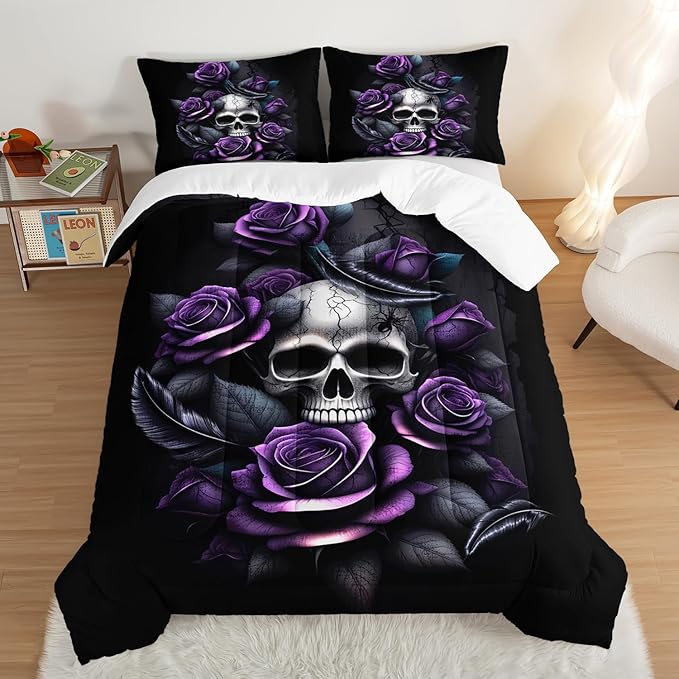 Death Skull Heads Queen Size Comforter Sets,Horror Themed Gothic Bedding for Kids Teens Boys Room Decor,Mysterious Floral Spider Western Comforter Sets with 2 Pillowcases.
