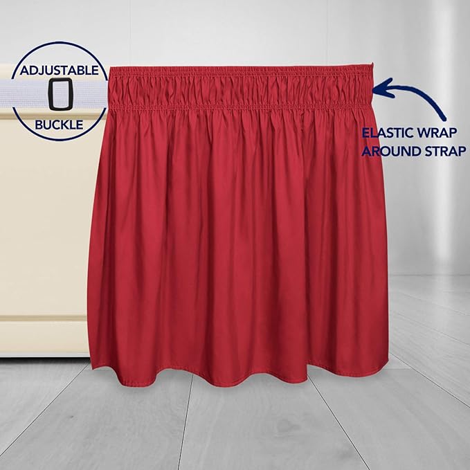 PureFit Wrap Around Ruffled Bed Skirt with Adjustable Elastic Belt - 18 Inch Drop Easy to Put On, Wrinkle Free Bedskirt Dust Ruffles, Bed Frame Cover for Twin,Twin XL and Full Size Beds, Red