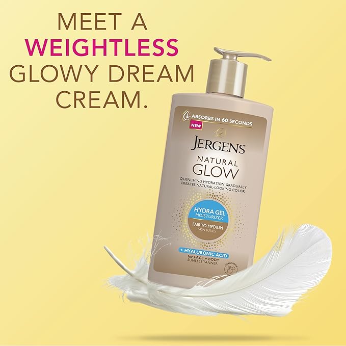 Jergens Natural Glow Hydra Gel Moisturizer, Hyaluronic Acid Tanning Lotion, Hydrating Tanning Gel, Fragrance-Free Self Tanner, Fair to Medium Skin Tones, 8.3 Fl Oz