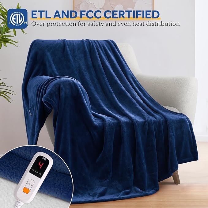 Sealy Heated Blanket Electric Throw 50"x60", Soft Double Flannel Electric Blanket with 6 Heat Levels & 2-10 Hours Auto Shut Off, Machine Washable, Even Heat Distribution, Navy