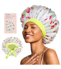 Floral Satin Bonnet For Sleeping Women Double Layer Pleated Design Adjustable Shower Cap For Curly Hair Strawberries