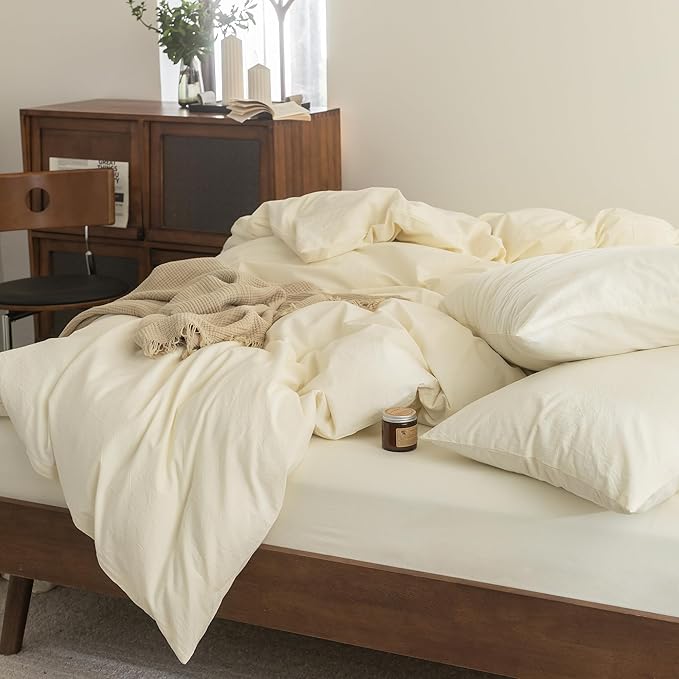 FOSSA Duvet Cover Set 100% Washed Cotton Linen Feel Super Soft Breathable Cozy 3 Pieces Bedding Sets Solid Cream White Super King Plus