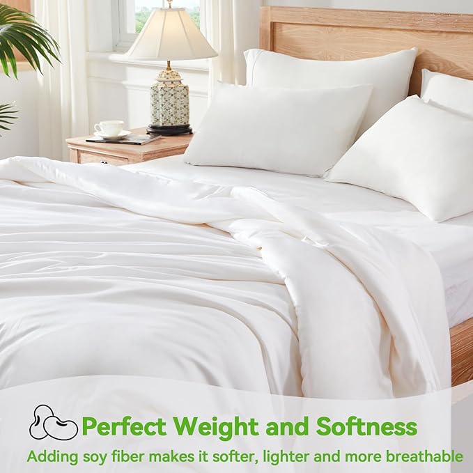 Globon Summer Comforter King Size,Luxurious Lightweight Blanket for Hot Sleepers,Natural Cooling Bamboo Viscose Shell,Organic Breathable Fill, Double Stitch,White