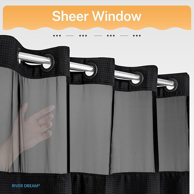 River Dream Heavyweight No Hooks Required Dotted Waffle Weave Shower Curtain with Snap in Liner - 71W x 80H,Hotel Grade,Spa Like Bath Curtain,Graphite Black