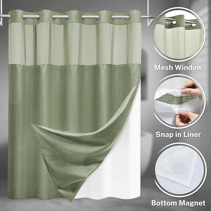 No Hook Shower Curtain with Snap in Liner Set Waffle Shower Curtain for Bathroom Hotel Style Fabric Waterproof Inner Liner，71" W x 74" H, Green