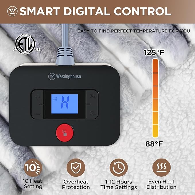 Westinghouse Electric Blanket Full Size, Super Cozy Luxury Faux Fur & Sherpa Heated Blanket with 10 Heating Levels & 1-12 Hours Auto Off, Fast Heating Blanket, Machine Washable, 80x 84 Inch Blue Gray