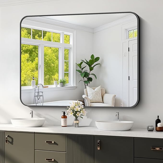 Koonmi Black Framed Bathroom Mirror - 36x48 Inch Shatterproof Tempered Glass Vanity Mirror for Bathroom Sink, Wall Mounted with Matte Aluminum Alloy Frame, No Distortion, Modern Decor