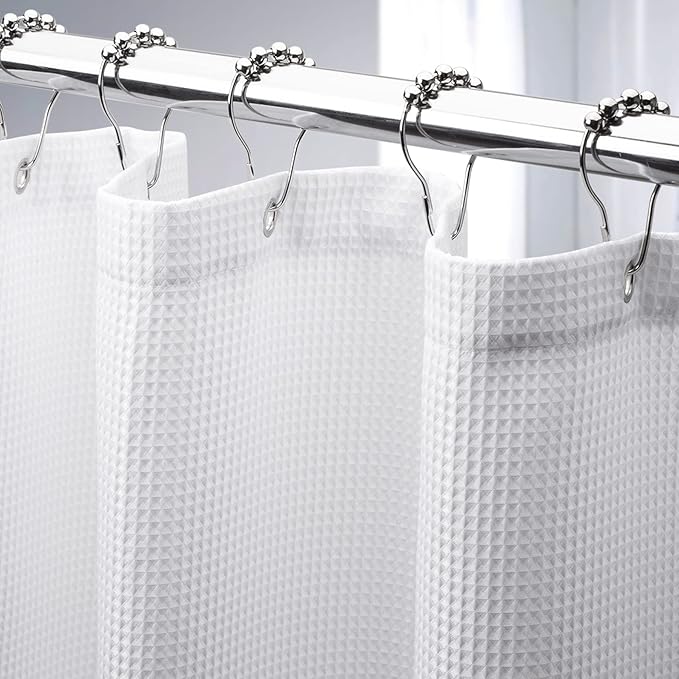AmazerBath Waffle Shower Curtain - White, Heavy Duty Fabric, Hotel Quality for Bathroom, 72 x 65 Inches