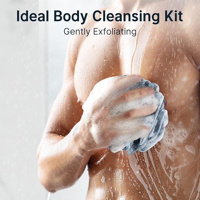 AmazerBath Loofah Sponge, Shower Loofah for Men and Women - Body Scrubber Loofa Set of 3 Indigo & White Edge, Bath Sponge 60g/PCS