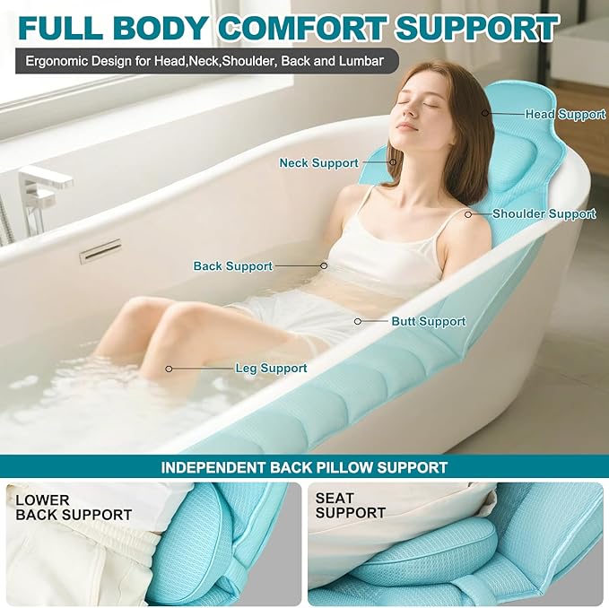 Full Body Bath Pillow for Bathtub - Extra Long 61’’ Bath Pillows for Tub, Ergonomic 4D Air Mesh Tub Pillow with Head, Neck & Lumbar Support, Bathtub Pillow Spa Cushion with Non-Slip Suction Cups