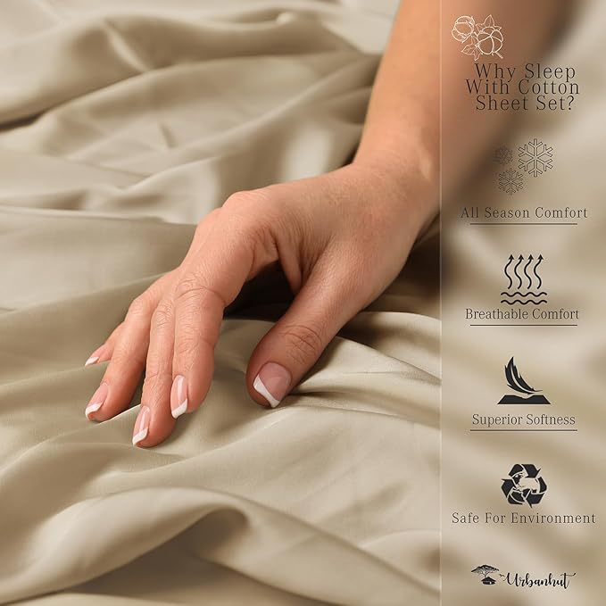 URBANHUT 700 Thread Count Egyptian Cotton Sheets Queen Size, 4Pc Sheet Set Soft Luxury Bed Sheets for Queen Size Bed, Sateen Weave Hotel Sheets, 16'' Elasticized Deep Pocket - Sand