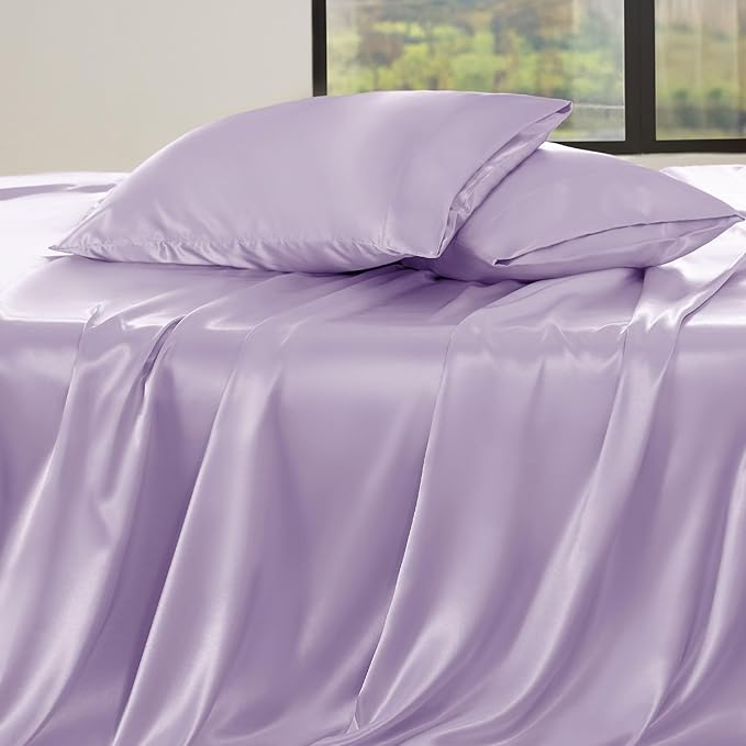 Bedsure Satin Sheets Full Size - 4 Piece Silky Bedsheets with 15 Inches Deep Pocket Fitted Bedsheet,1 Flat Sheet, 2 Satin Pillowcases, Good for Hair & Skin (Full, Lavender)