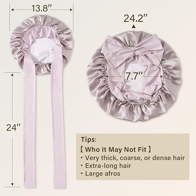 ZIMASILK 100% Mulberry Silk Bonnet for Sleeping Women Long Hair Double Layer Silk Hair Wrap with Tie Band Stay On Head (1Pc, Purple)