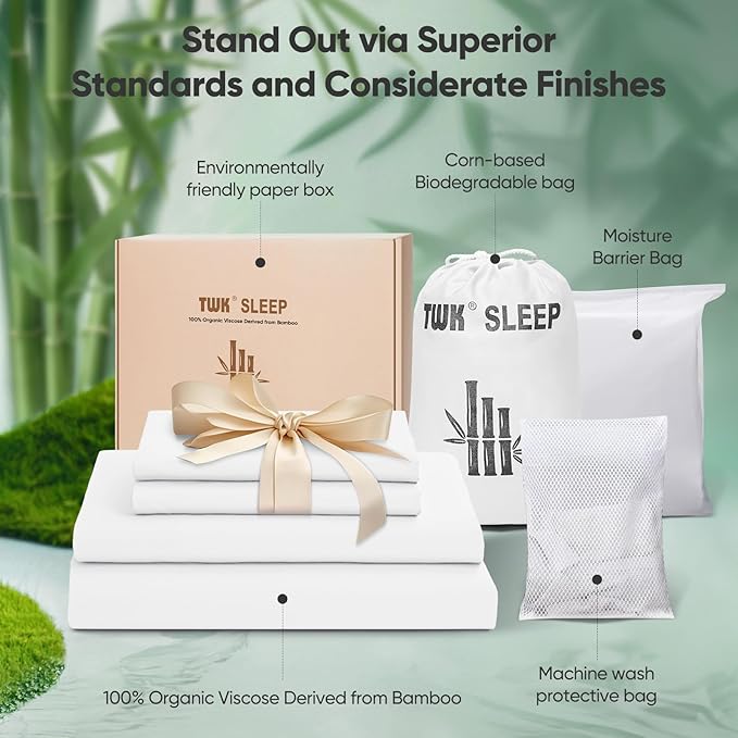 TWK Luxury Sheet Set, Genuine 100% Viscose Derived from Bamboo, Cooling & Breathable, Silky Soft, Bedding Sheets & Pillowcases (White, King(78 * 80 * 15))