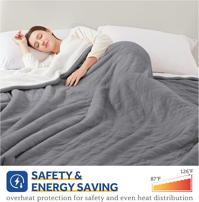 SEALY Electric Blanket Queen Size, Flannel & Sherpa Heated Blanket with 10 Heat Setting & 1-12 Hour Auto Shut Off, Fast Heating Blanket, Machine Washable, Light Grey, 84 x 90 Inch