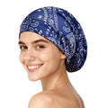 YFONG Print Pure Silk Lined Beanies for Women & Men, 22 MM Mulberry Silk Bonnet for Sleeping, Chemo Headwear, Adjustable Stay on Slouchy Hat Cap for Curly Long Hair & Braids, Blue
