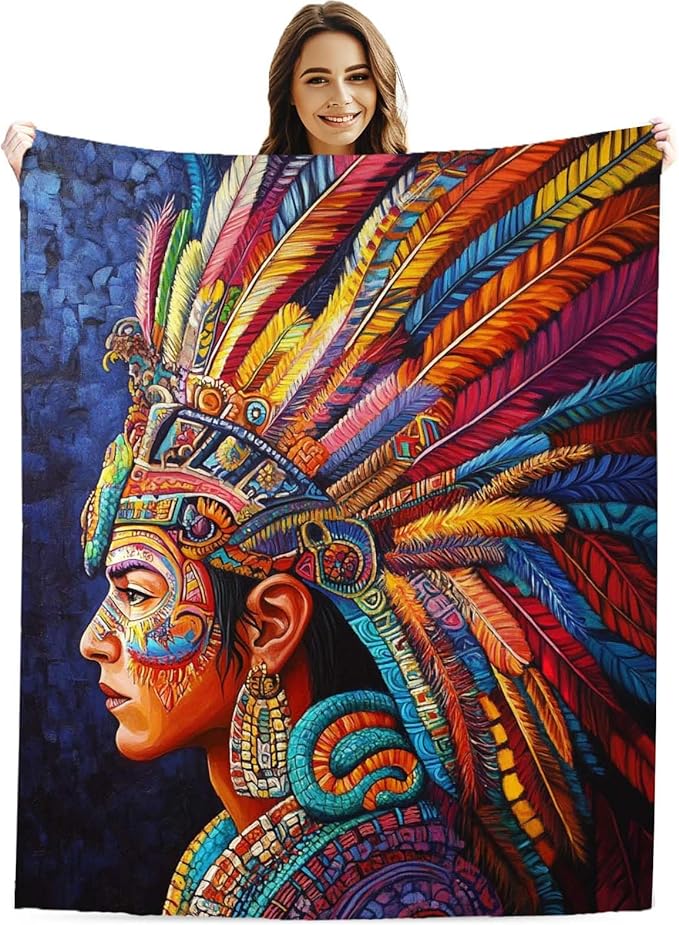 Tribal Throw Blanket with Aztec Warrior for Couch & Bed | Native Style Cozy Soft Fleece Blanket for Living Room, Bedroom & Boho Home Decor | Gift for Men & Women | 40x50 Inches