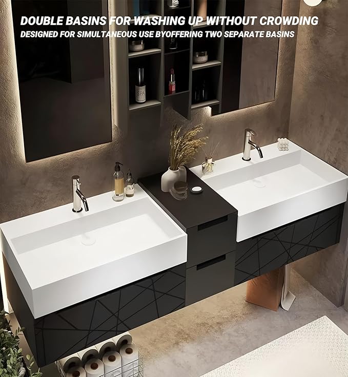 Double Bathroom Vanity with Sink, Floating Modern Bathroom Vanity Set Includes LED Smart Defogging Mirror and Open Storage Wall Cabinet, Solid Wood Bathroom Cabinet with Large Drawer (Apricot, 100")
