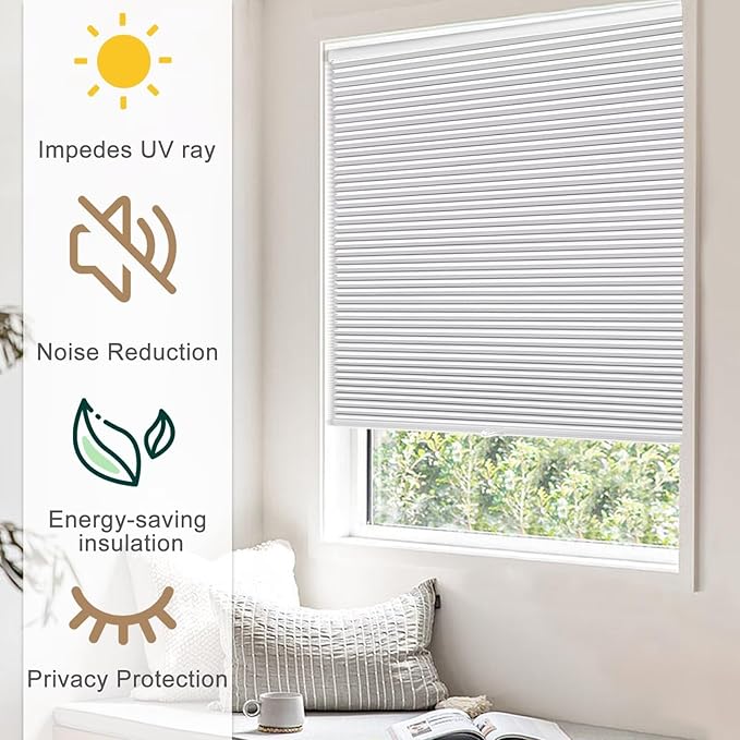 MYshade 1.5-Inch Cellular Cordless Blackout Shades,Thermal Insulating Noise Reducing Waterproof Blinds,Honeycomb Window Treatments for Indoor Light Control (White-24 W x 64" H)